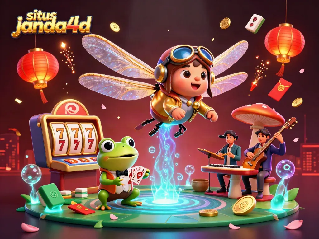 Ilustrasi situs janda4d dengan karakter seru dan elemen permainan kasino yang menarik.