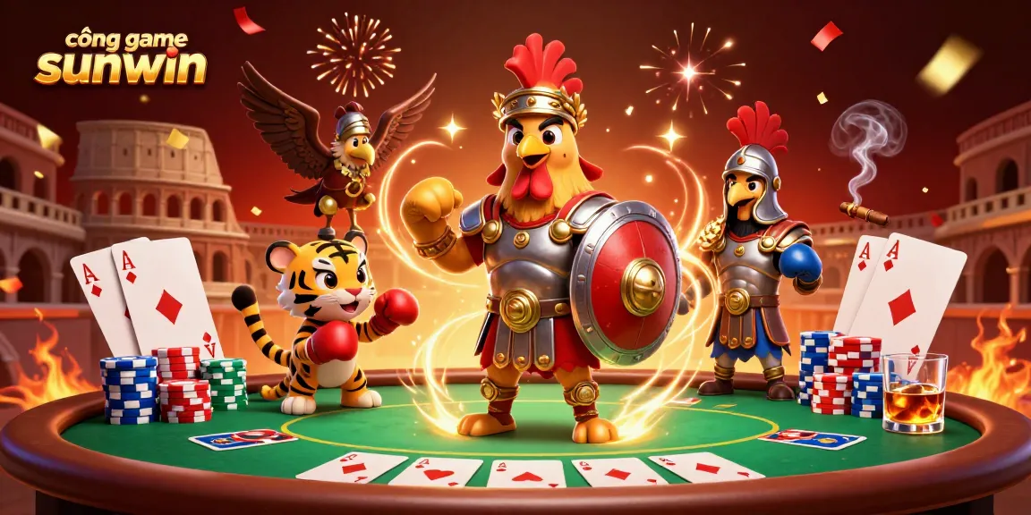 Experience thrilling action at cổng game sunwin with a gladiator rooster and friends in a vibrant casino scene.