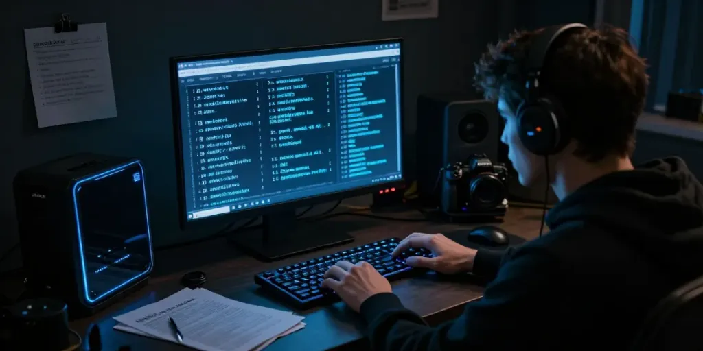 The hidden wiki accessed on a computer, showcasing dark web connections amid a mysterious tech environment.