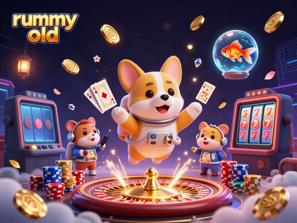 Permainan rummy old dengan astronaut corgi menari di kasino luar angkasa, penuh dengan koin dan chip.