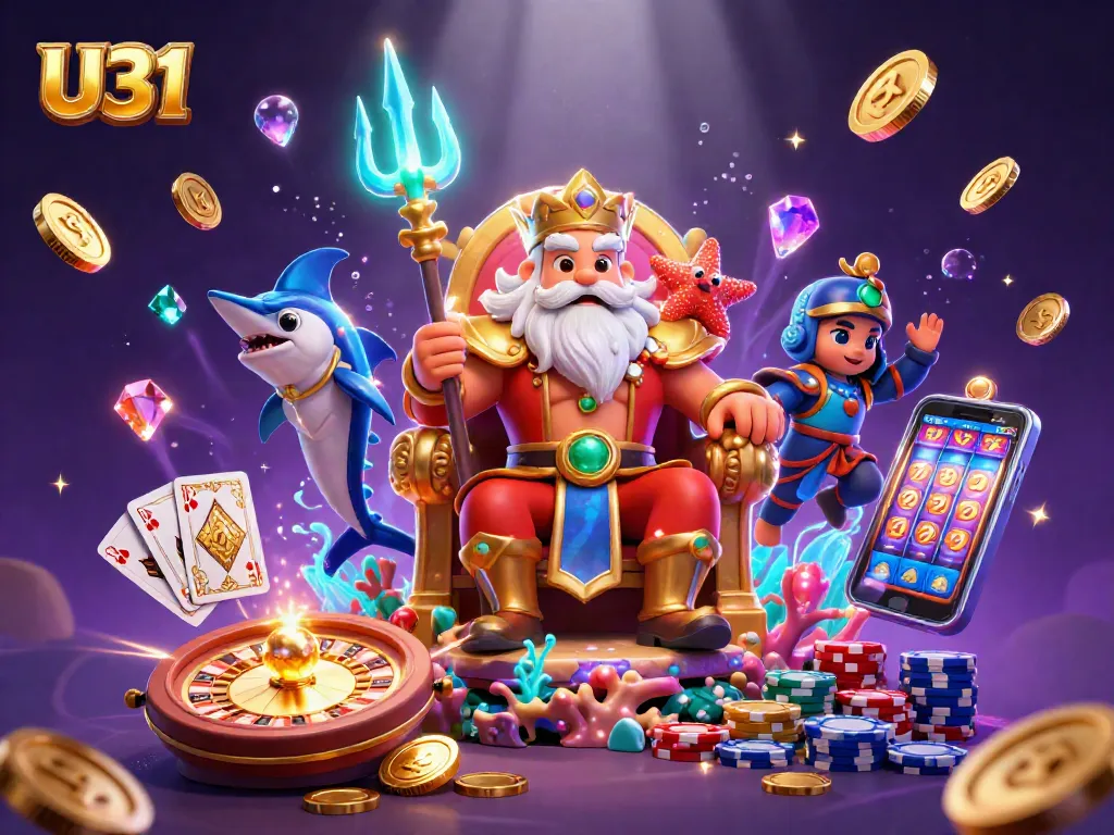 Experience the thrill of U31 with a dynamic illustration of Neptune and exciting casino elements.