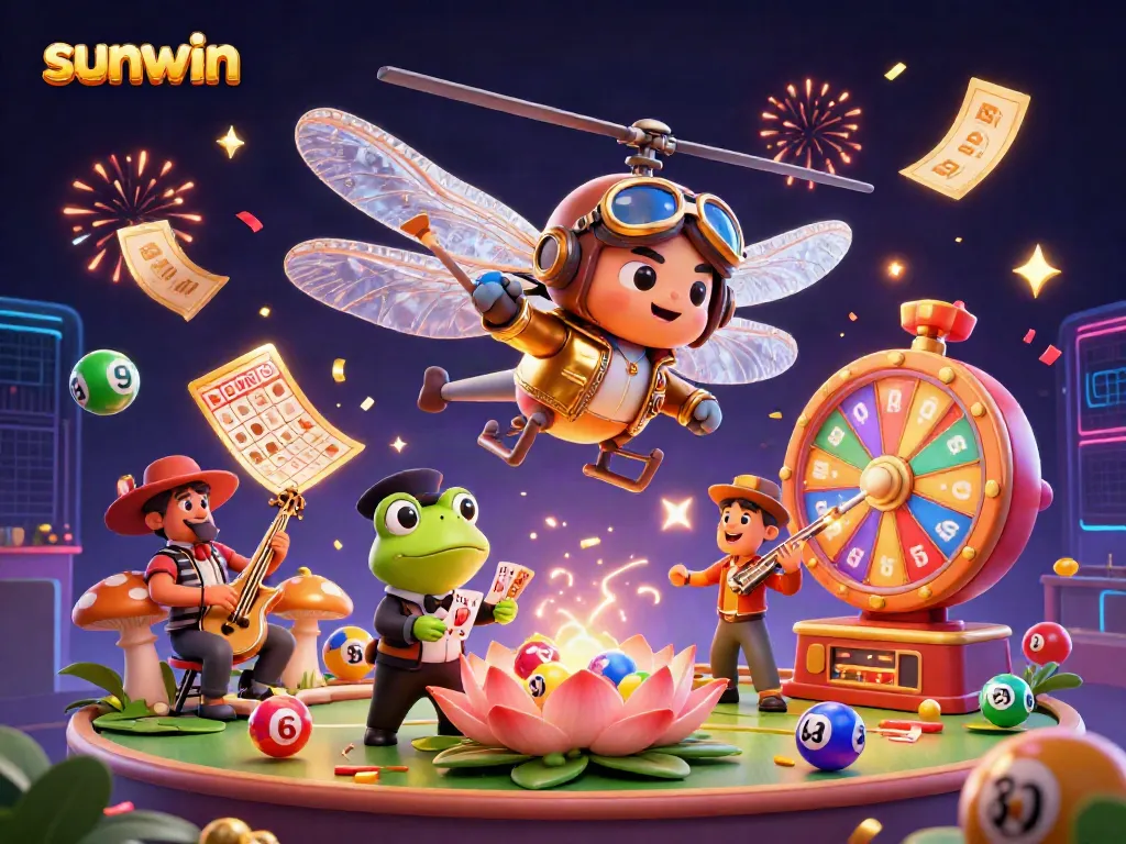 Engage in thrilling gameplay at sunwin with dynamic lottery balls and lively characters in a vibrant casino atmosphere.