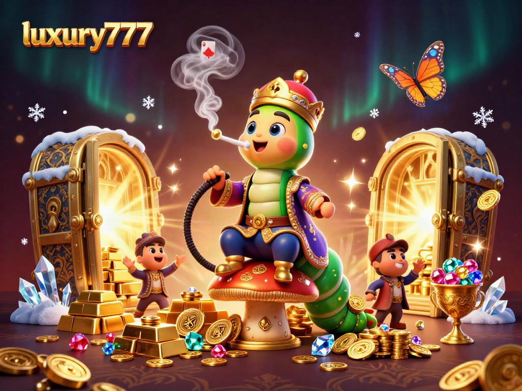 Menangkan permainan kasino dengan luxury777 dalam ilustrasi ceria 3D yang penuh kesenangan dan harta karun.