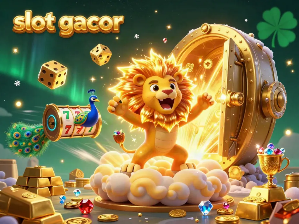 Engage with slot gacor gaming through this vibrant illustration showcasing a lion and golden dice amidst treasures.