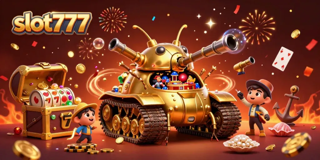 Celebrate big wins at slot777 with a golden beetle tank revealing a miniature casino.