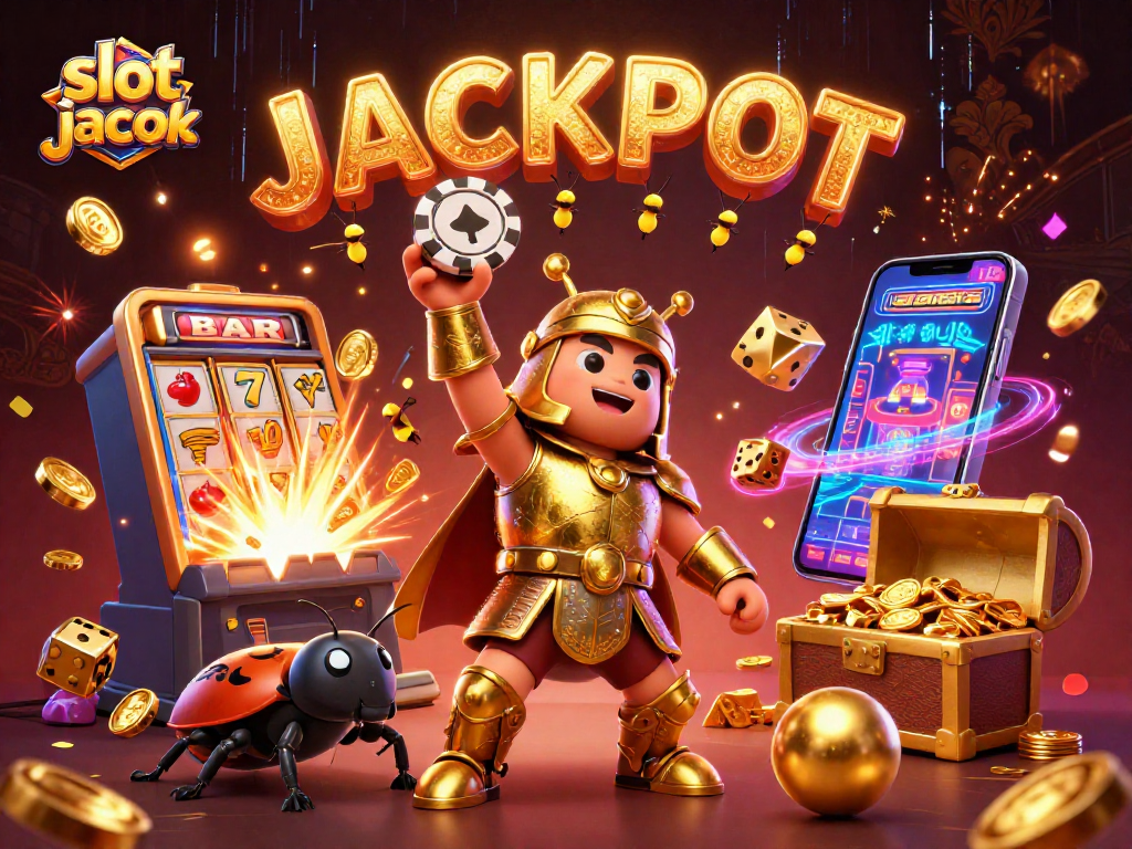 Experience the excitement of slot jackpot with a victorious beetle and vibrant casino elements.