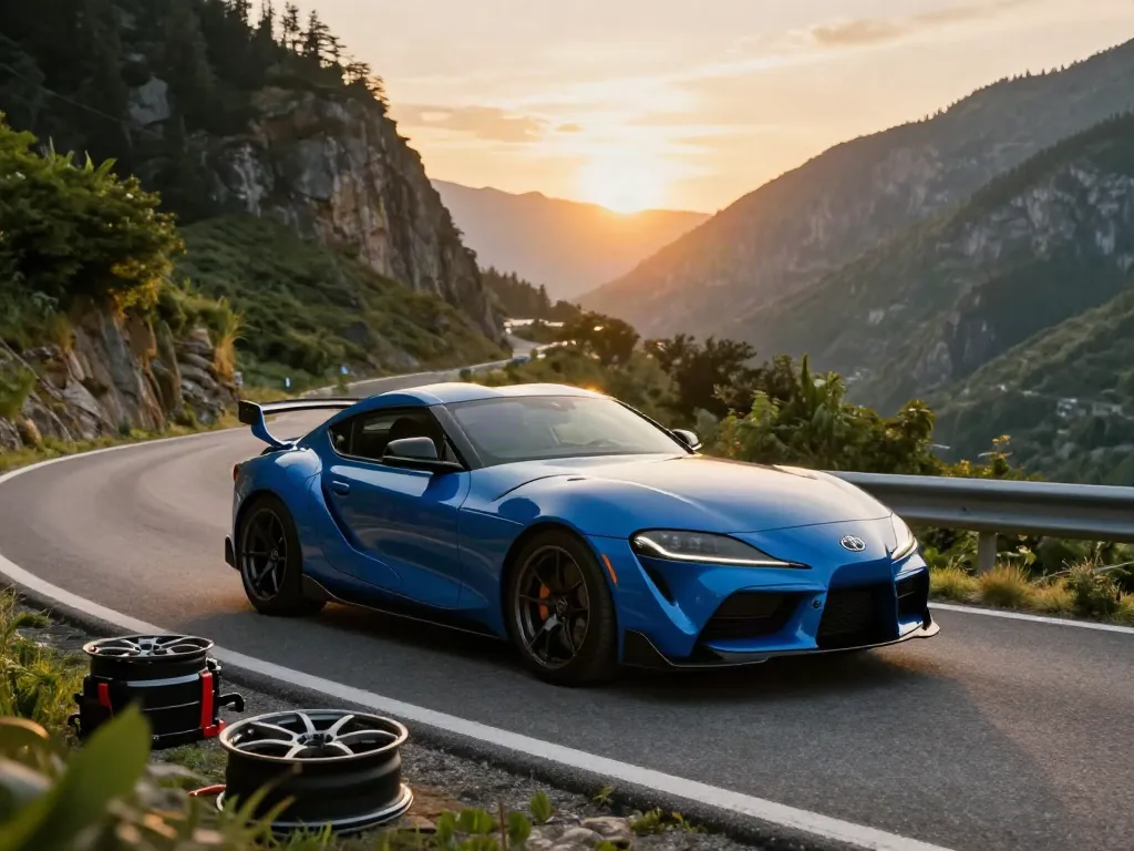 The A80 platform highlighted with a stunning Toyota Supra parked on a mountain road, emphasizing performance and beauty.