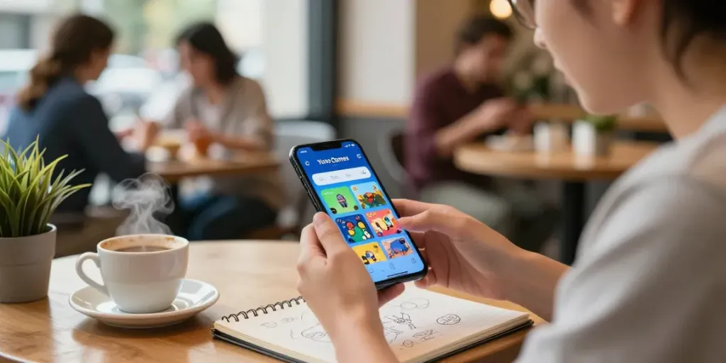 Engaging user exploring Yono Games app on smartphone in a café setting.