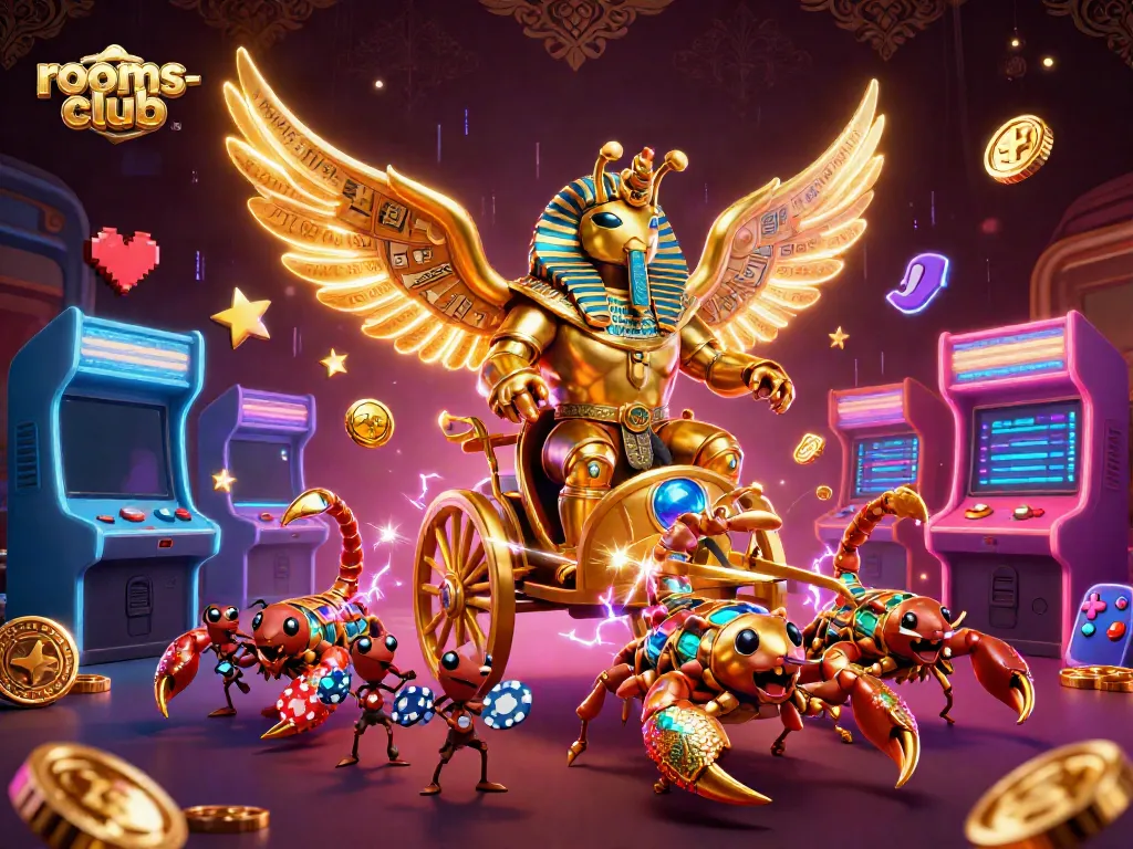 Tempelkan simbol keberuntungan di rooms-club dengan scarab emas dan chip poker berkilau.