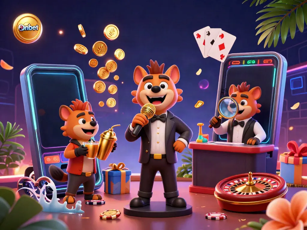 Hyenas in a vibrant comedy casino club scene at Onbet, enjoying gambling with slots and drinks.