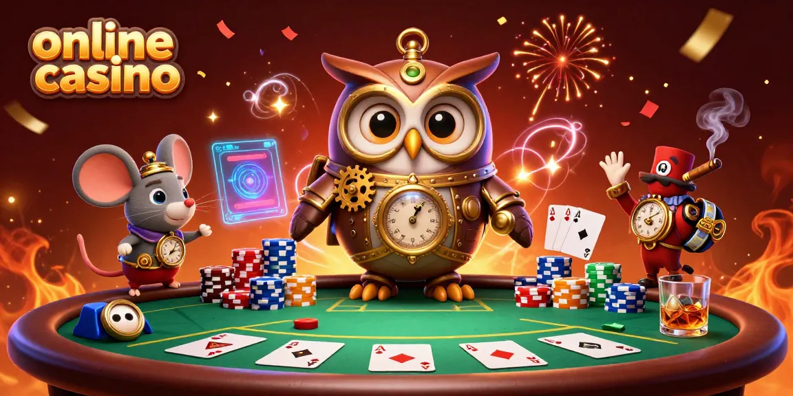 Engage in an online casino adventure with a time-traveler owl amidst vibrant casino elements.
