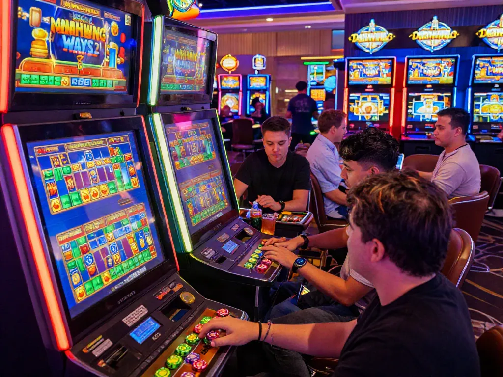 Pemain terlibat di mesin slot Mahjong Ways 2 dengan suasana kasino yang dinamis dan penuh warna.