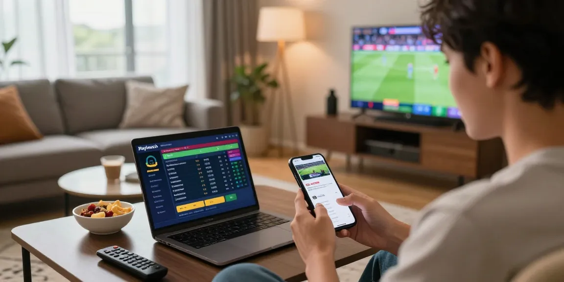Engaged user exploring Playinexch on mobile app, vibrant home setting with snacks and TV sports.