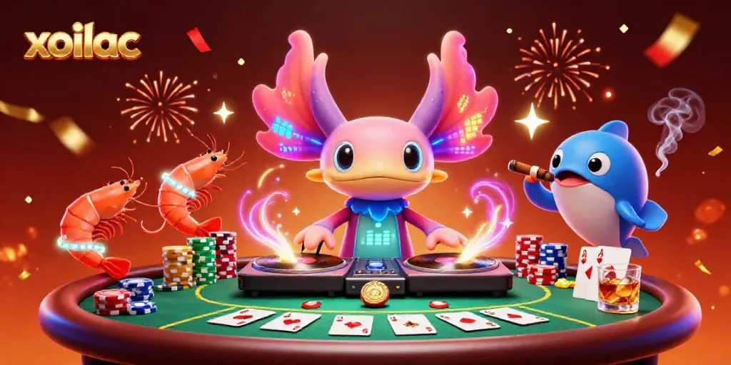 Join the action with xoilac's vibrant gambling scene featuring a lively DJ and casino elements.