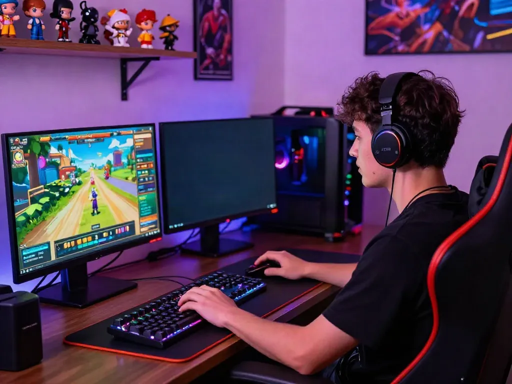 Dynamic online gaming scene with akunjp player engaged on high-tech setup and colorful LED lights.