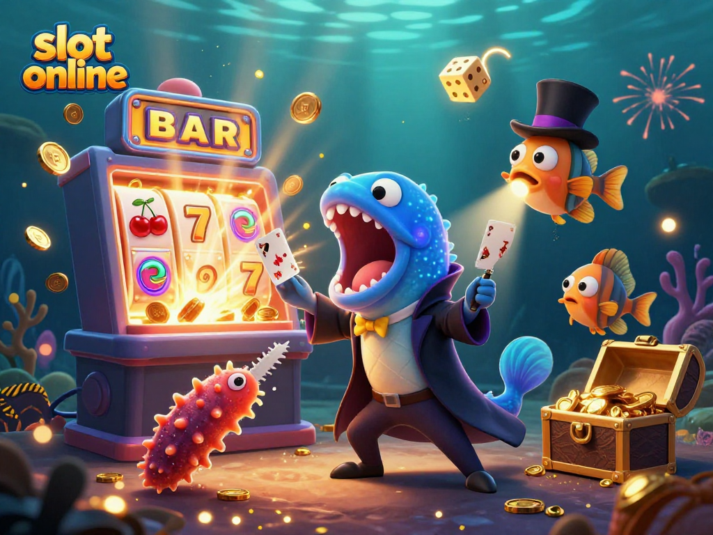 Memainkan slot online yang seru dengan gulper eel, ikan pancing, dan timun laut di latar belakang kasino bawah laut.