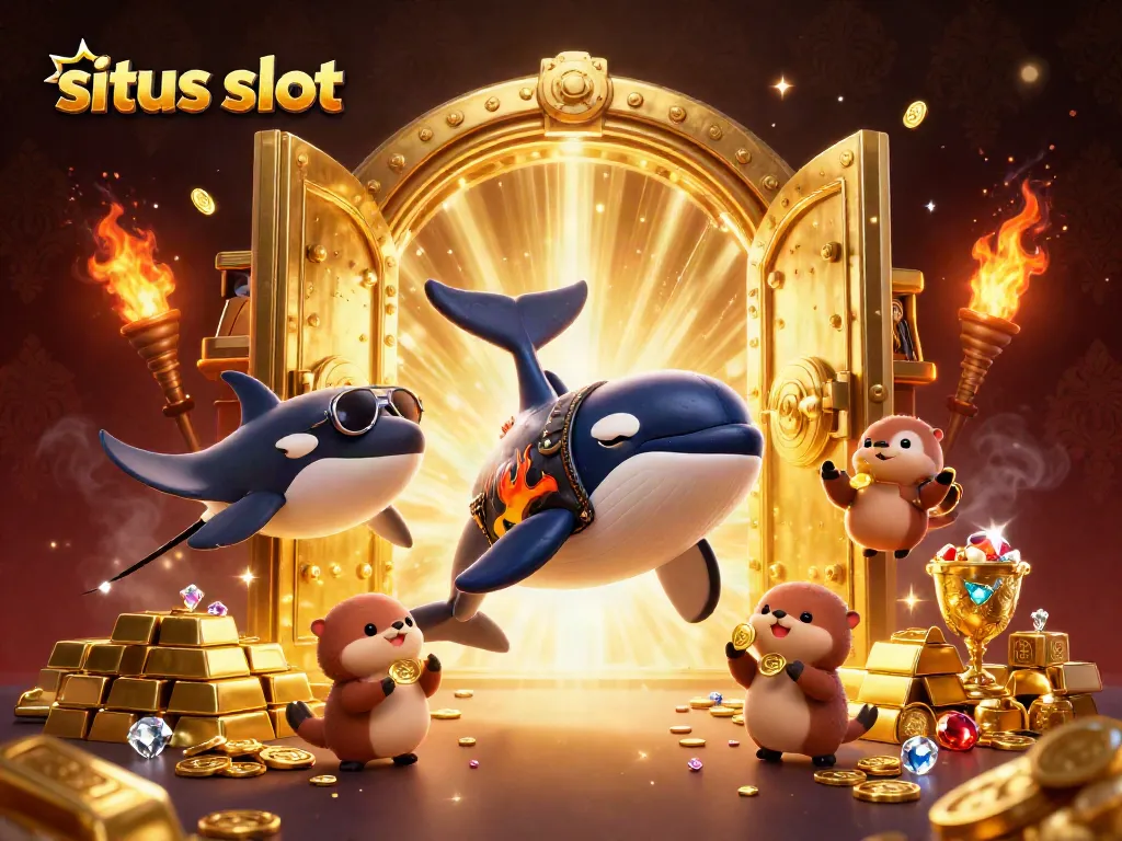 Mengakses situs slot dengan orca, pari, dan berang-berang laut yang membawa koin emas.