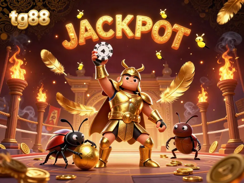 Experience the excitement of tg88 with a victorious beetle in armor lifting a poker chip amidst dazzling casino elements.