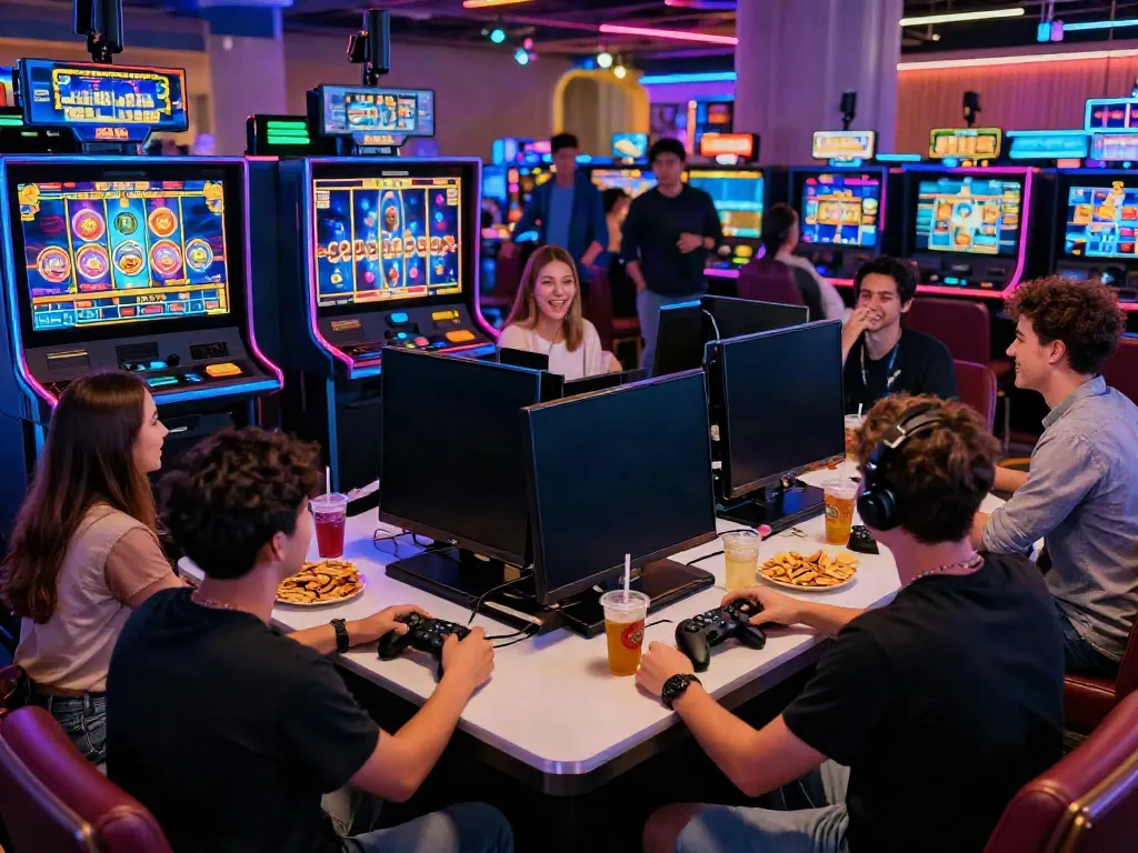 Group of friends enjoying an exciting akunjp online gaming experience in a vibrant casino setting.
