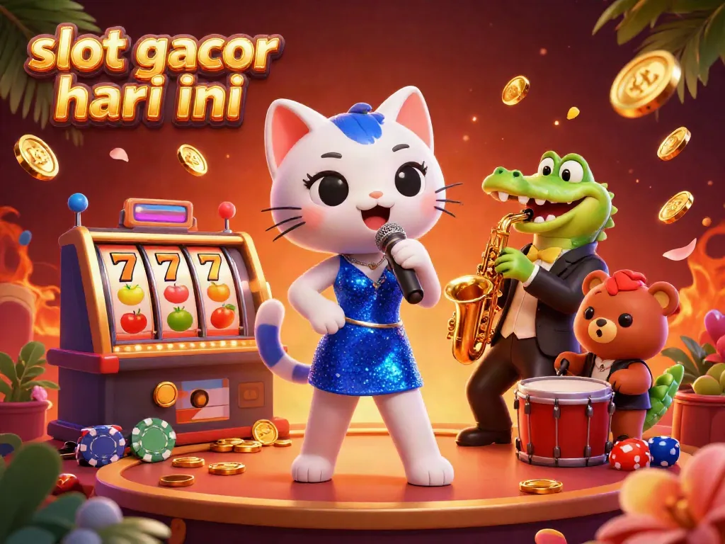 Spin to win with slot gacor hari ini in a lively 3D casino illustration featuring a singing cat and playful characters.