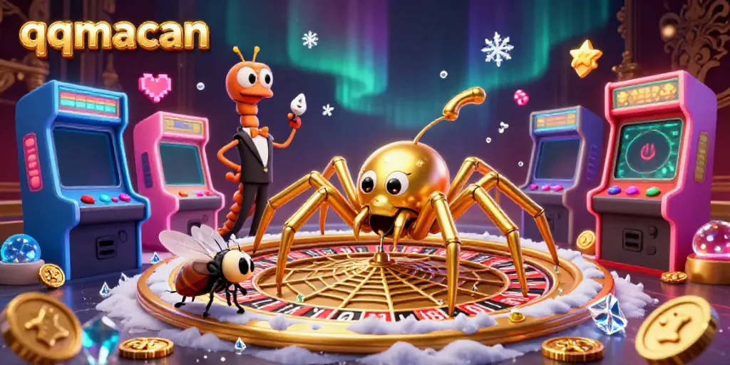 Experience the excitement of gambling with qqmacan's vibrant 3D scene featuring a golden spider, roulette wheel, and dynamic game elements.