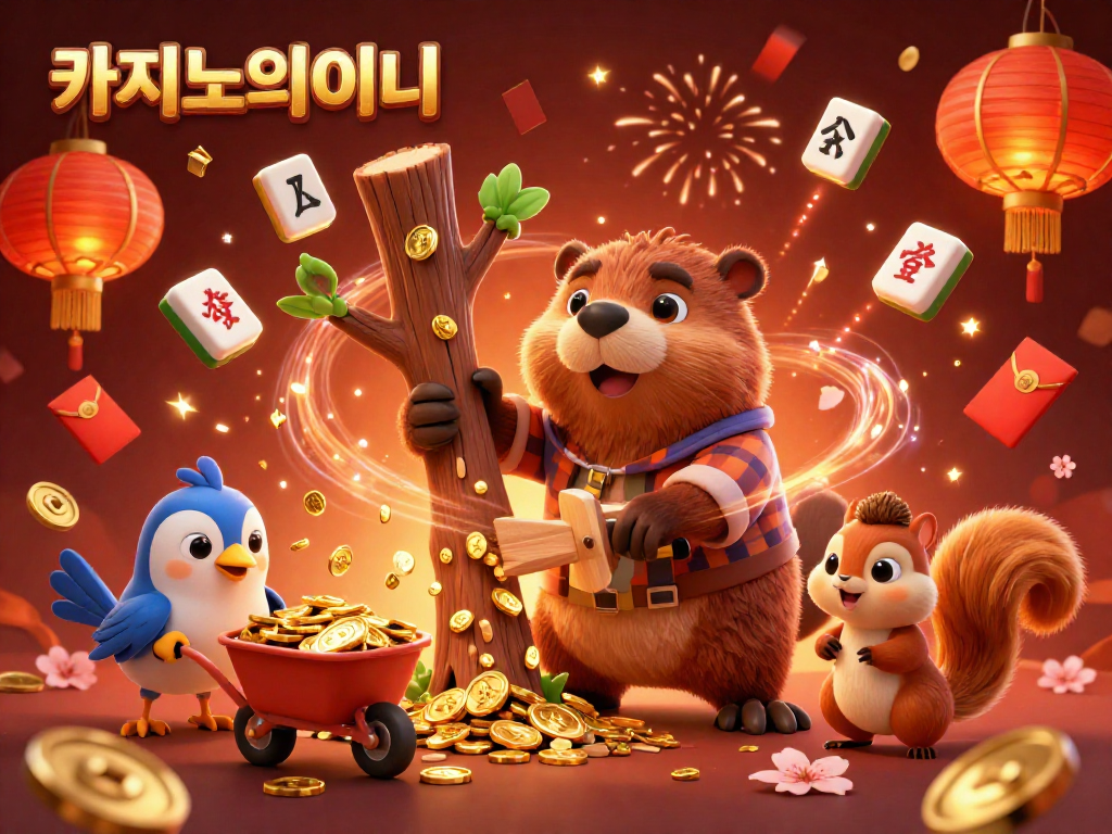 카지노사이트에서 황금 동전을 쏟아내는 나무를 베는 비버 캐릭터의 3D 일러스트