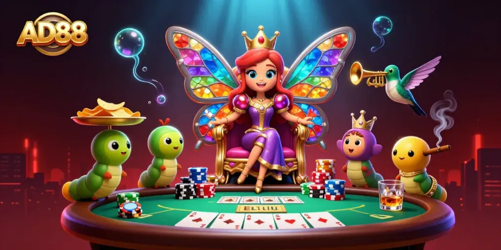Engage with AD88's exciting casino scene featuring unique characters and dynamic gaming elements.