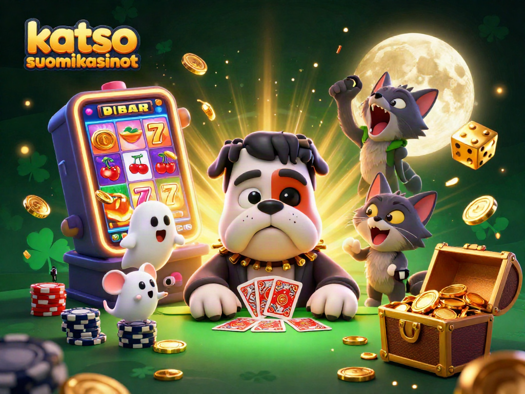 Engage with katso suomikasinot at a lively casino scene featuring whimsical characters and thrilling game elements.