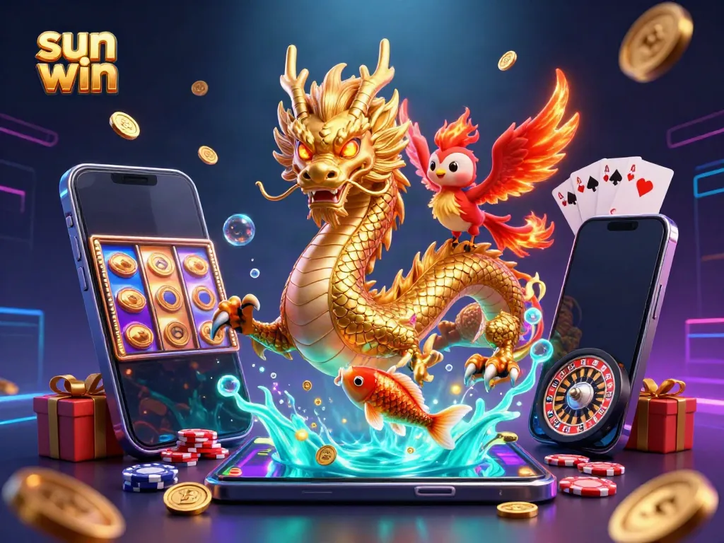 Experience exhilarating gameplay with sun win, featuring a dragon, phoenix, and koi fish amidst vibrant casino elements.