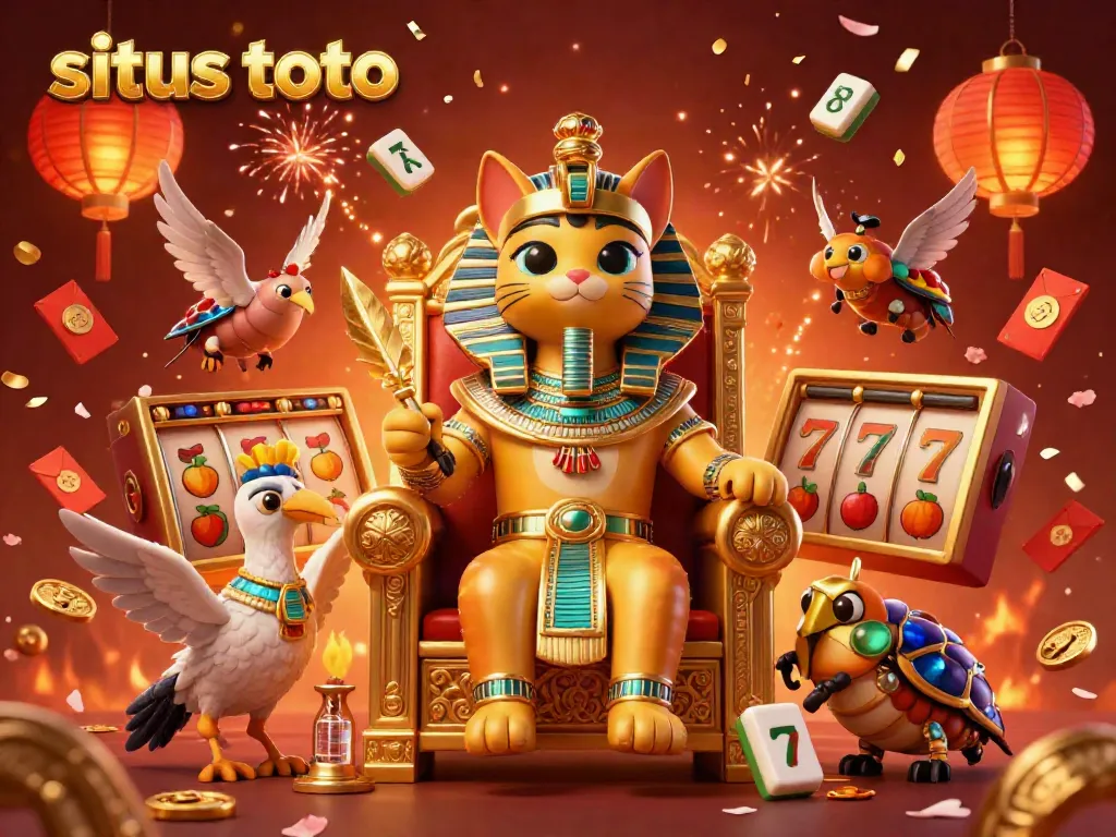 Situs toto showcasing a vibrant casino scene with an Egyptian pharaoh cat and royal elements.