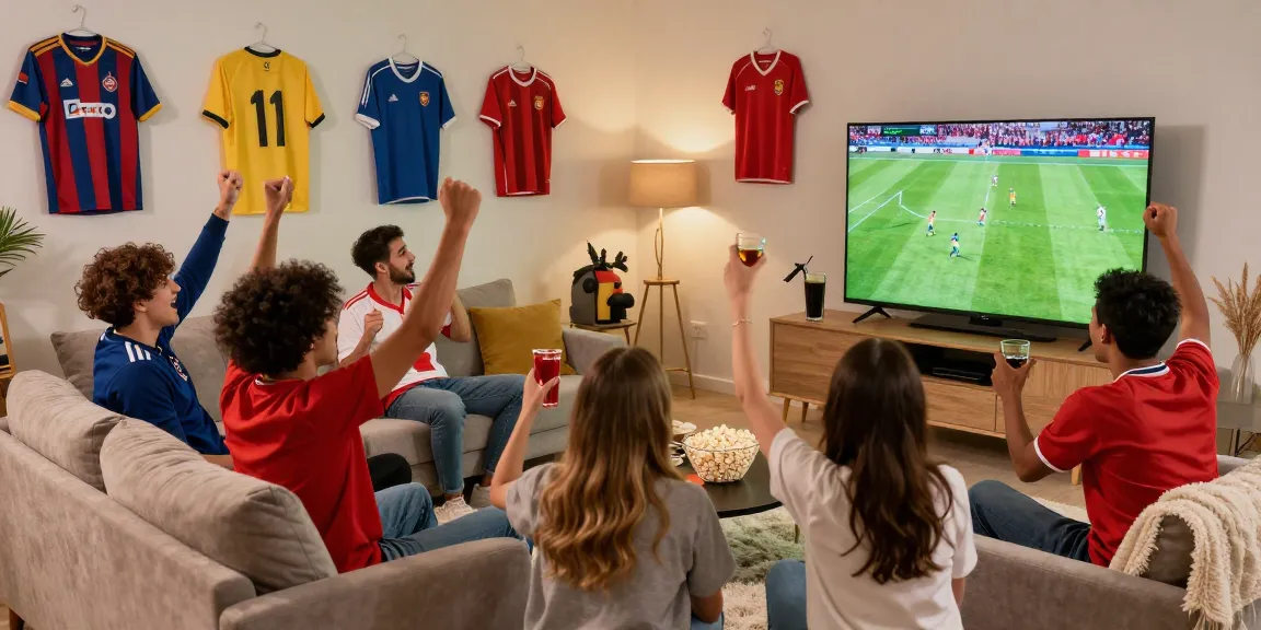 Cheering friends enjoying football match in living room, شاهد المباريات هنا with excitement and snacks.