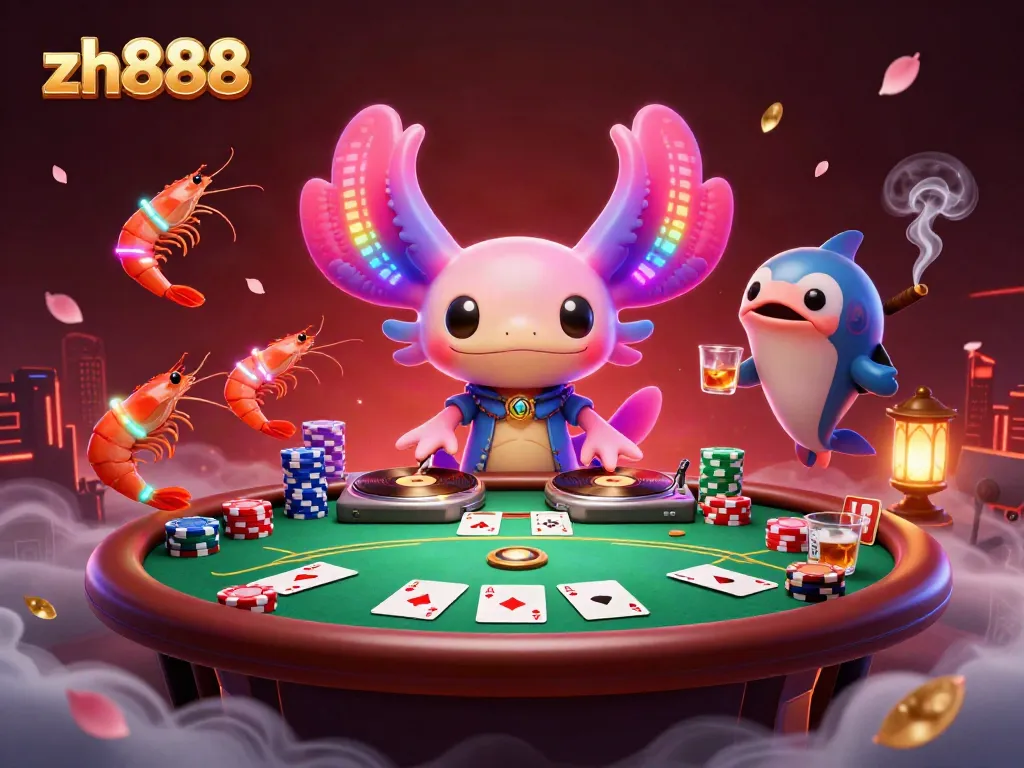 Experience winning with the vibrant zh888 gaming platform featuring a DJ axolotl and poker action.