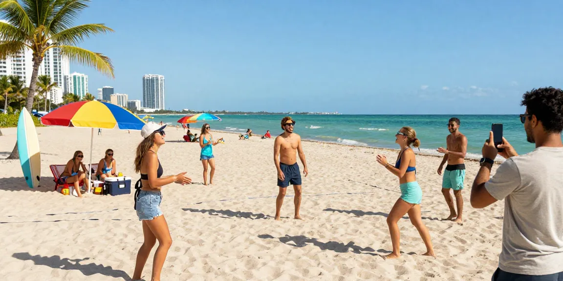 Aktivitas pantai di Miami dengan kelompok teman-taman menikmati hari cerah di https://miami4d.com/ dengan senyum dan permainan.