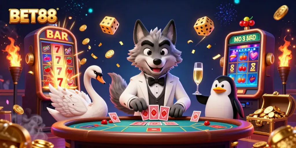ENGAGE in the exciting world of BET88 with a vibrant casino scene showcasing iconic game elements alongside charming characters.