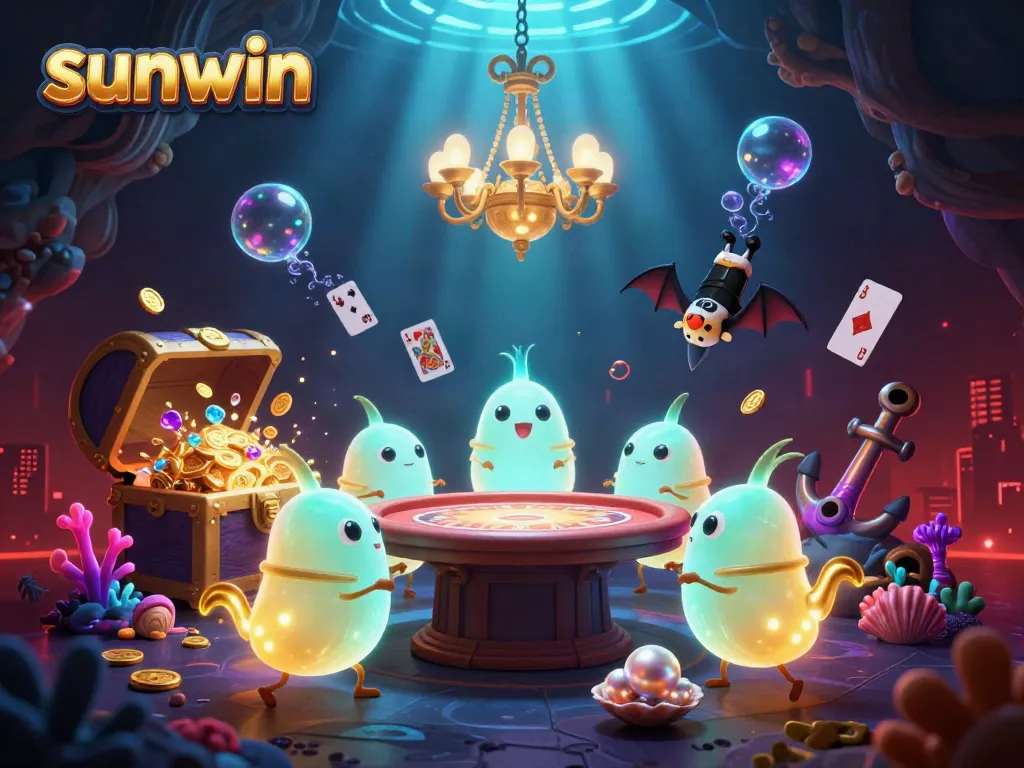 Engage in thrilling gameplay at sunwin's vibrant casino, illuminated by glowworms and a bat dealer.