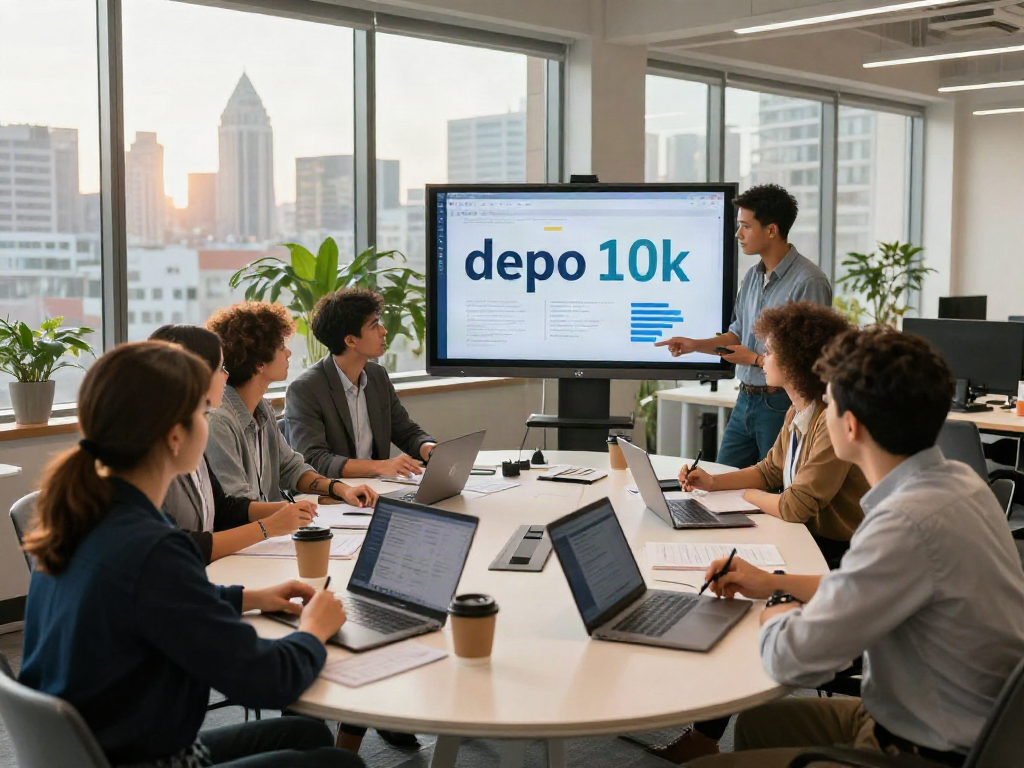 Team discussing digital marketing strategies for depo 10k in modern office.