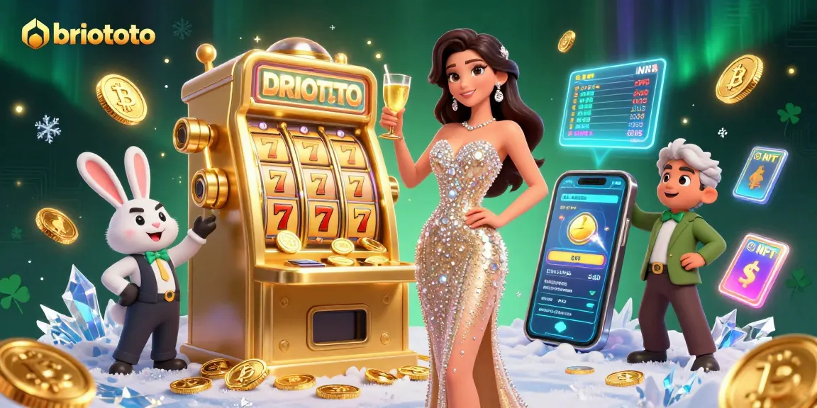 Briototo showcases thrilling casino gameplay with a glamorous woman celebrating by a jackpot slot.