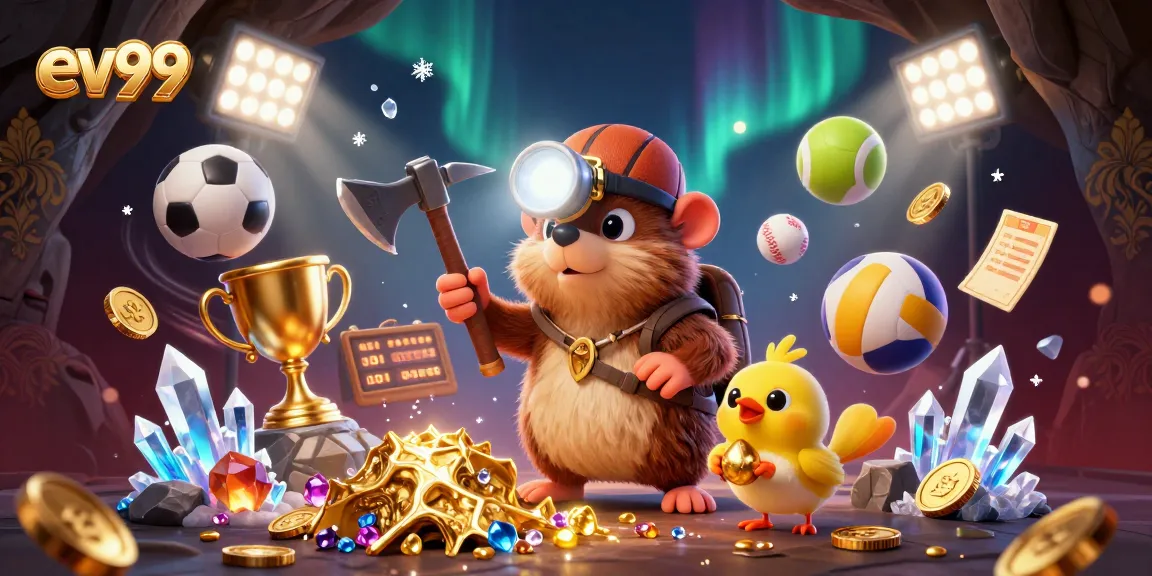 Engage with the thrill of ev99 as the treasure hunter mole mines treasures surrounded by dynamic sports elements for a vibrant casino experience.