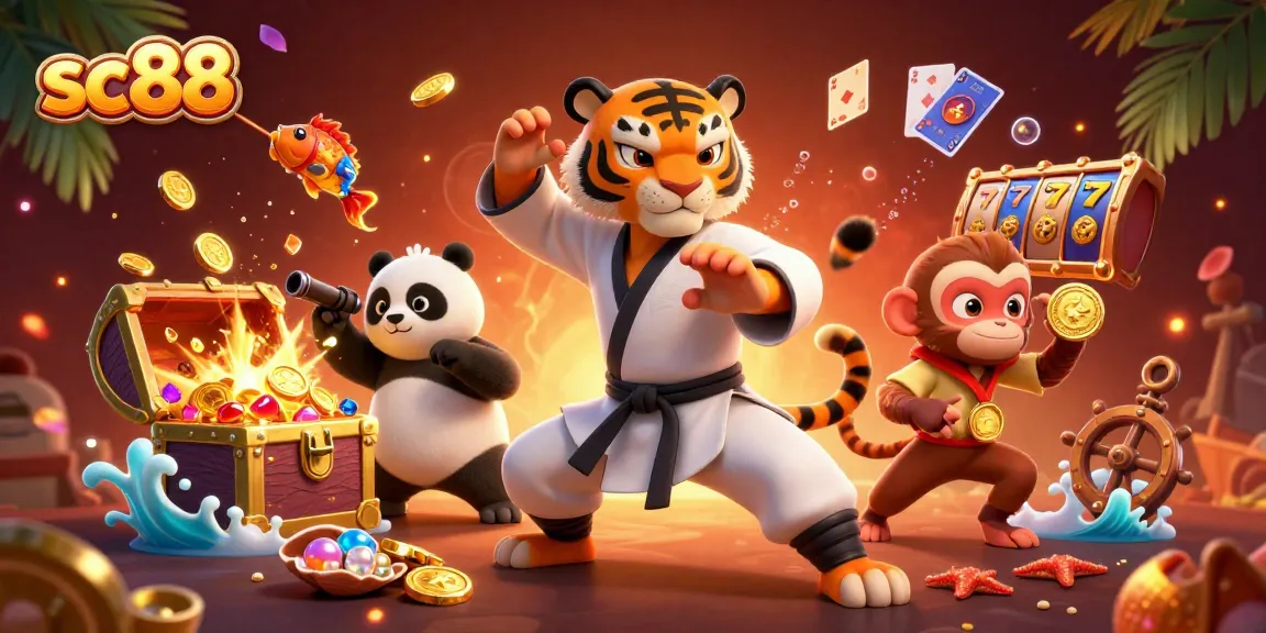 Experience thrilling gameplay with sc88's vibrant casino scene featuring a tiger master amongst treasure.