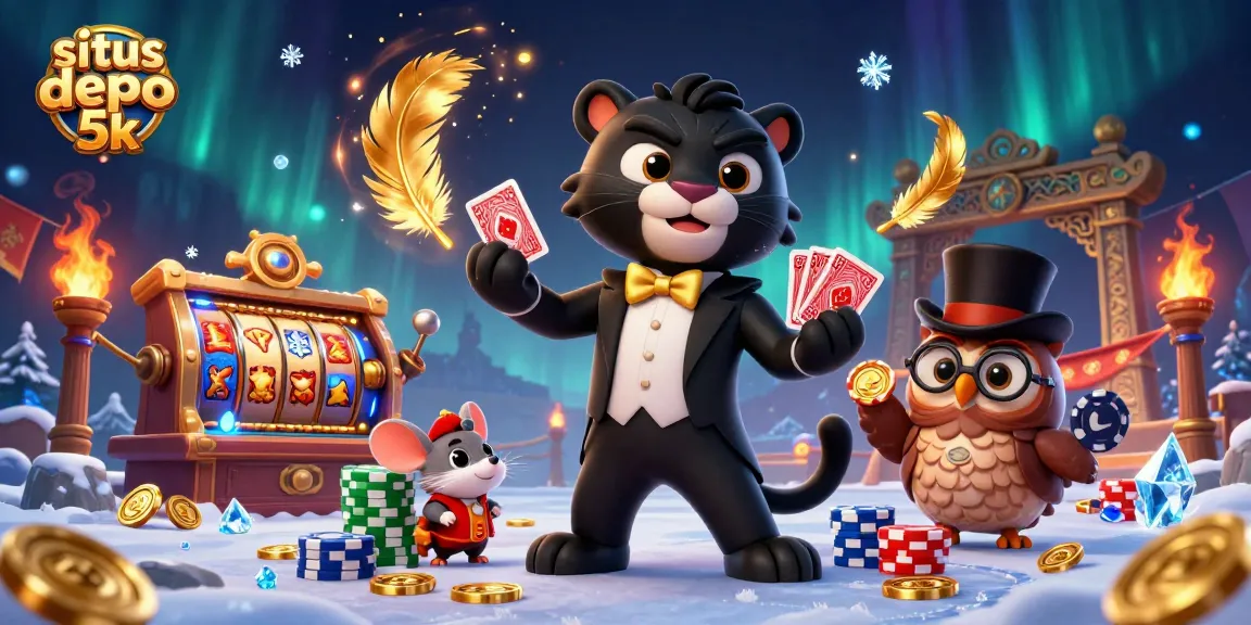 Experience the excitement at situs depo 5k with stylish characters and vibrant slot reels in this captivating casino scene.