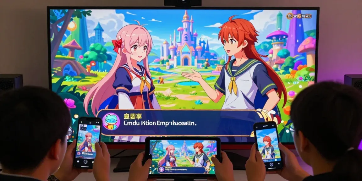 Vibrant scene of characters from hentai games interacting in a fantasy world.