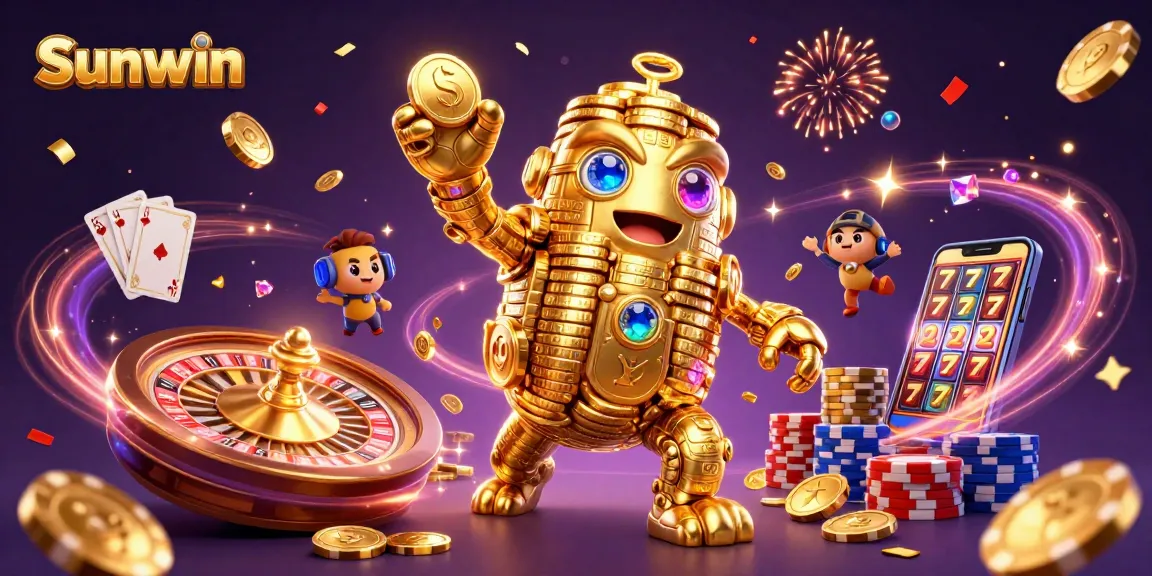 Play exciting games at Sunwin with a golden golem surrounded by casino treasures.