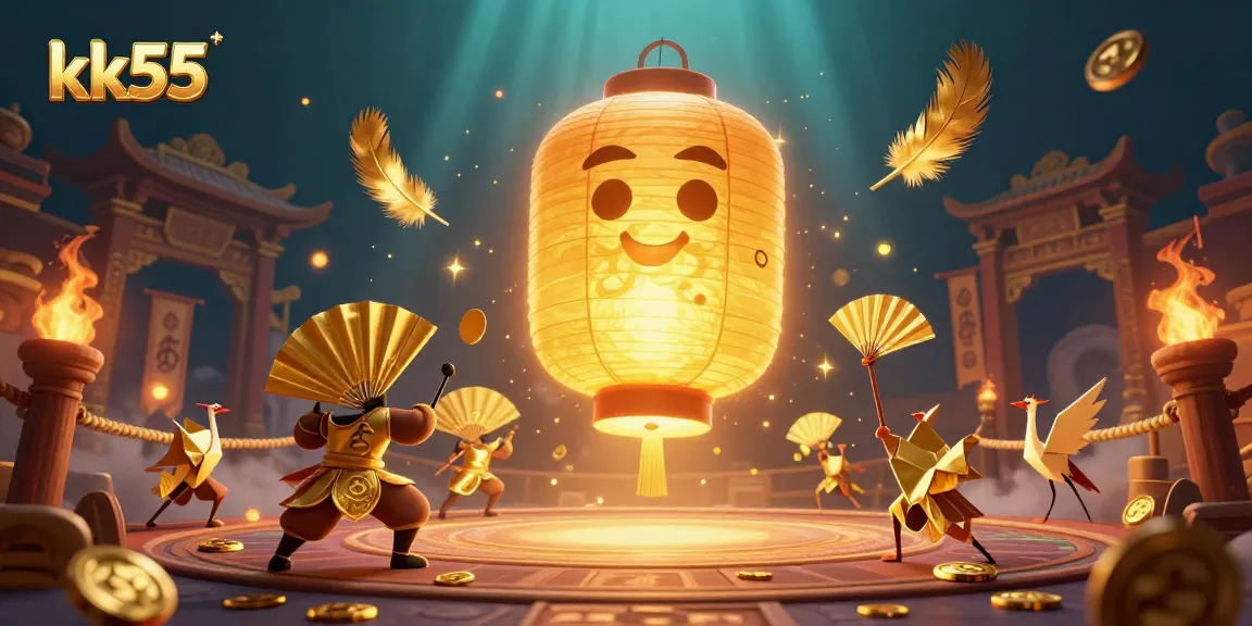 kk55 captures the spirit of the night market casino with golden lanterns and warriors in action.