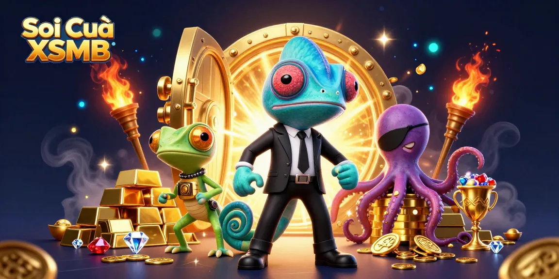 Soi Cầu XSMB reveals winning strategies with a colorful scene of cartoon characters and gold treasures.