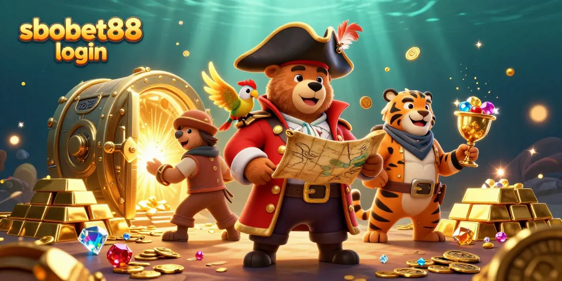 Engaging sbobet88 login scene with a pirate bear, tiger, and treasures for casino enthusiasts
