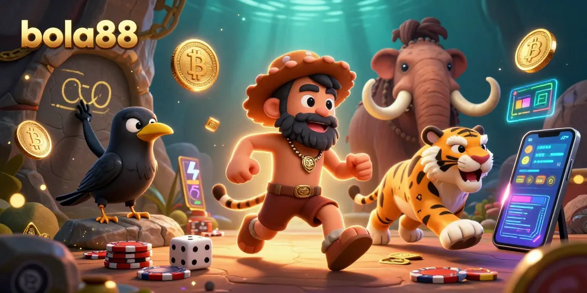 Bola88 casino scene featuring cartoon caveman and sabertooth tiger duo with vibrant gaming elements.