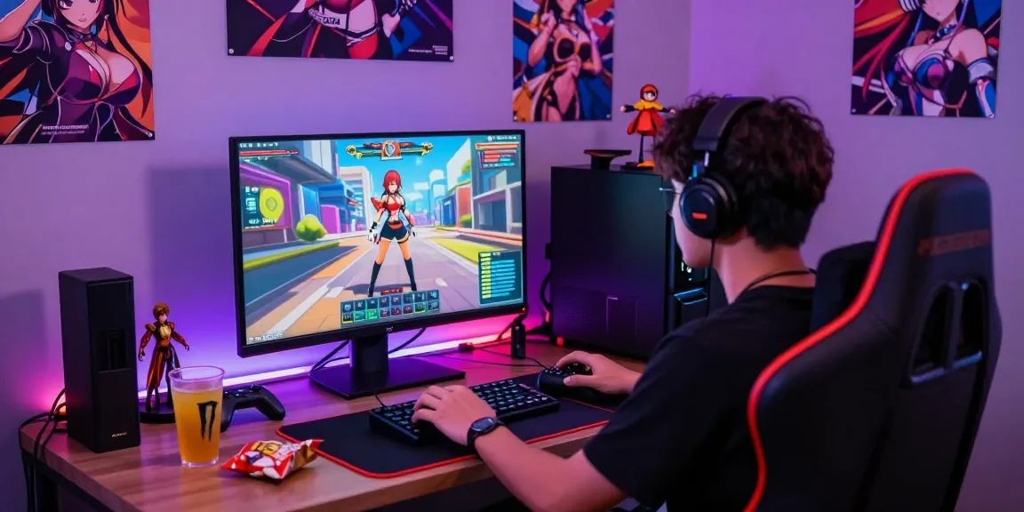 Gamer enjoying an immersive 3D ecchi game experience in a vibrant gaming setup