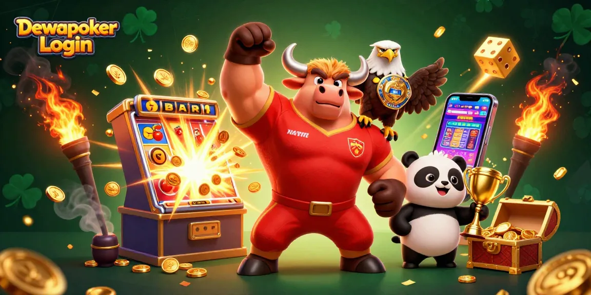 Dewapoker Login celebrates wins with a dynamic illustration of casino icons, mascots, and gaming excitement.