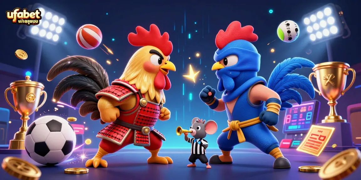 Engage in action with ufabetเข้าสู่ระบบ as fighting roosters clash amidst dynamic sports betting elements.