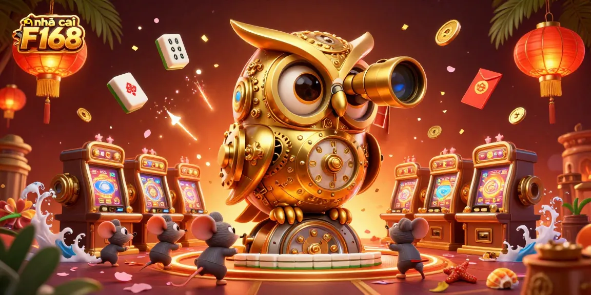 The 3D visual showcases the vibrant casino environment of nhà cái F168 with dynamic characters celebrating amidst slot machines and festive elements.